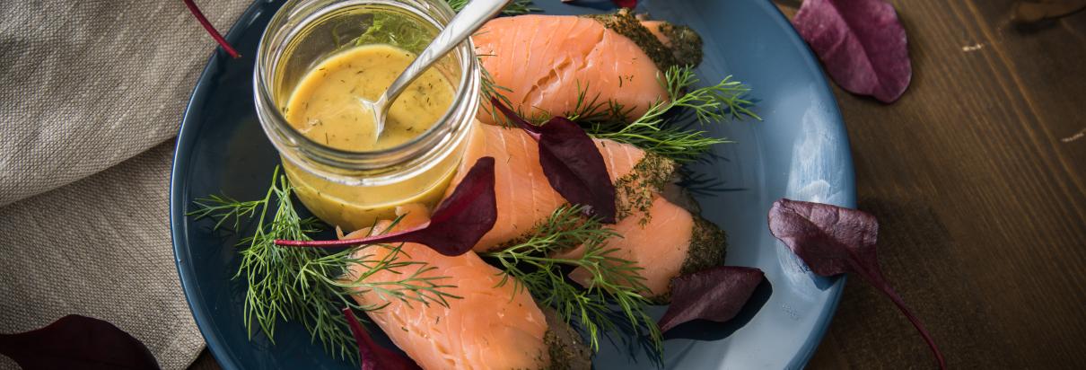 Lachsfilet auf warmer Gurke mit Senfkörnern