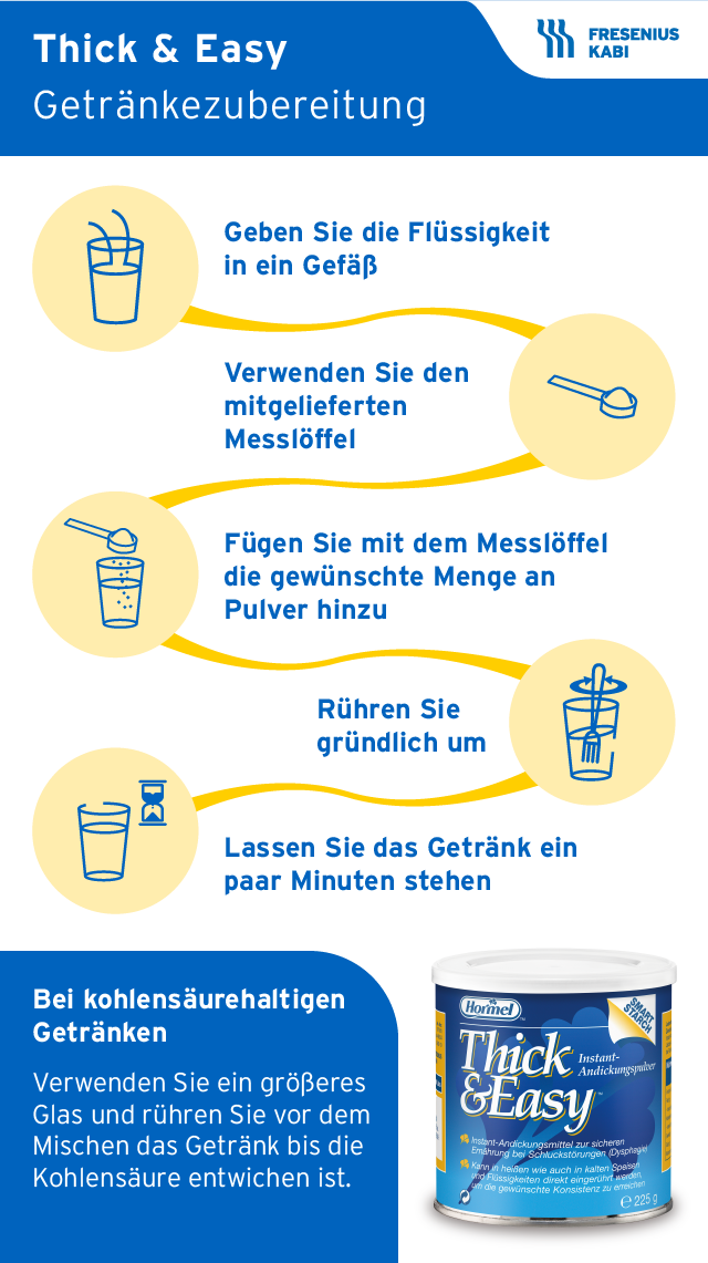 Anleitung zur Getränkezubereitung mit dem Thick&Easy-Instant-Andickungsmittel