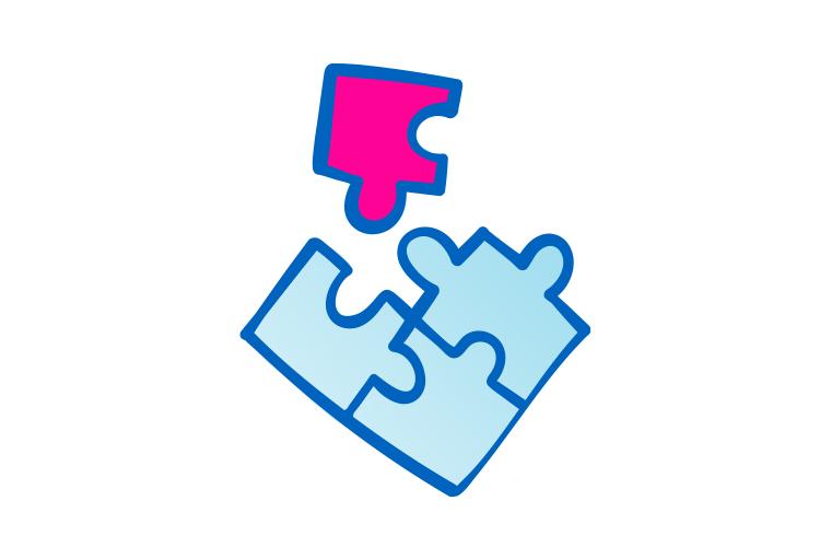 Grafik von einem Puzzle: Drei Puzzleteile sind miteinander verbunden. EIn viertes pinkes Puzzleteil liegt daneben.