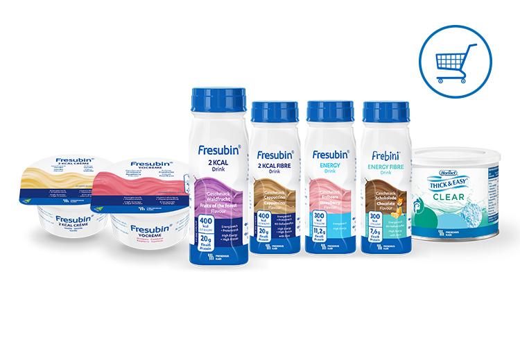 Fresubin Produktvielfalt bestehend aus Cremes, Trinknahrung und Pulver. Ein Piktogramm eines blauen Einkaufswagens regt zum Kauf an. Verlinkt zu Produktfinder (Produkte)