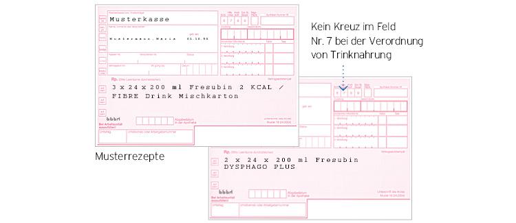 Zwei Musterrezepte der verordnungsfähigen Fresubin Trinknahrungen. Es ist vermerkt, dass kein Kreuz im Feld Nr.7 gesetzt werden soll.