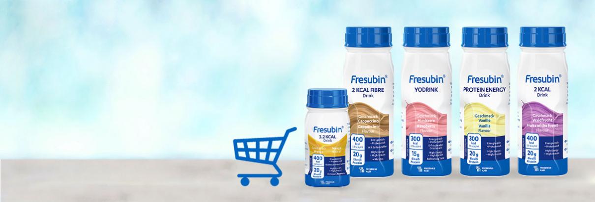 Produktfinder mit Kauffunktion - Fresubin Produkte in mehreren Geschmacksrichtungen und ein Piktogramm eines blauen Einkaufswagens.