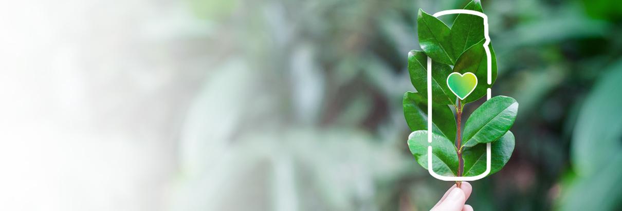 Eine Hand hält ein grünes Blatt, das von der Umrissform der Fresubin Trinknahrung umrahmt ist. In der Mitte der EasyBottle befindet sich ein grünes Herz.