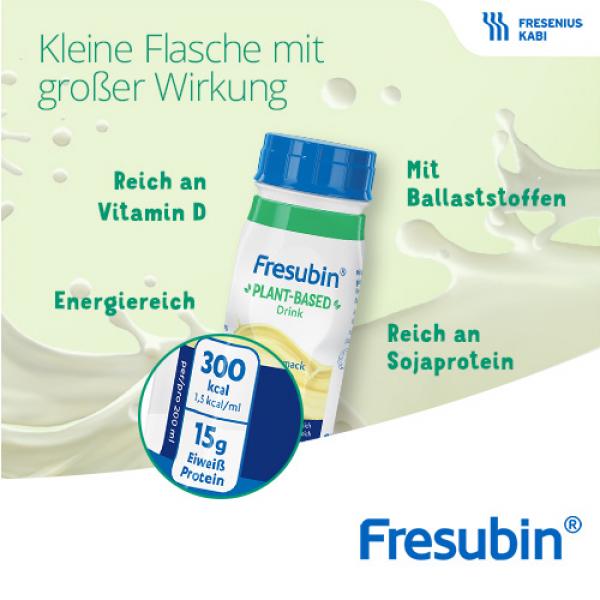 Fresubin PLANT-BASED Drink mit Angaben der Nährwerte - Der Fresubin PLANT-BASED Drink zeigt trotz kleiner Flasche eine große Wirkung: es ist reich an Energie, Vitamin D, Sojaprotein und mit Ballaststoffen.