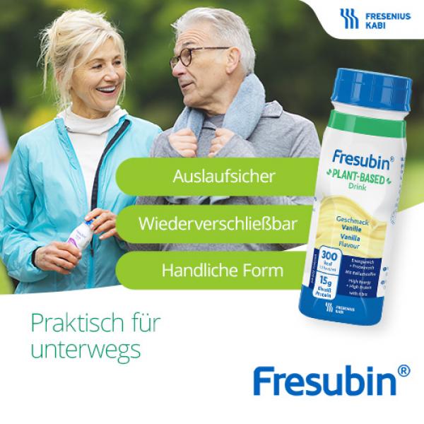 Patientin mit Ehemann beim Spazieren. Fresubin PLANT-BASED Drink ist praktisch für unterwegs - wiederverschließbar, auslaufsicher und hat eine handliche Form.